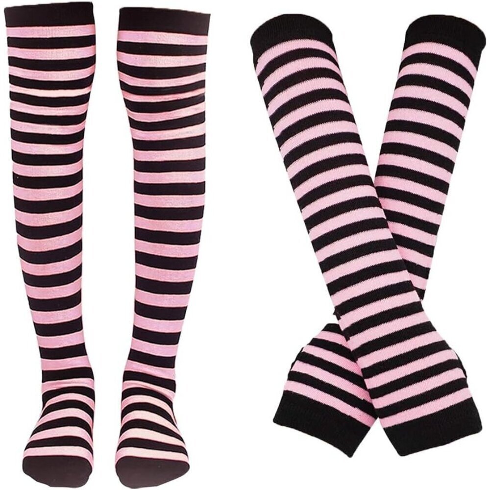 Women Socks and Arm Warmers Set Acrylic Knee High Striped Halloween Cosplay